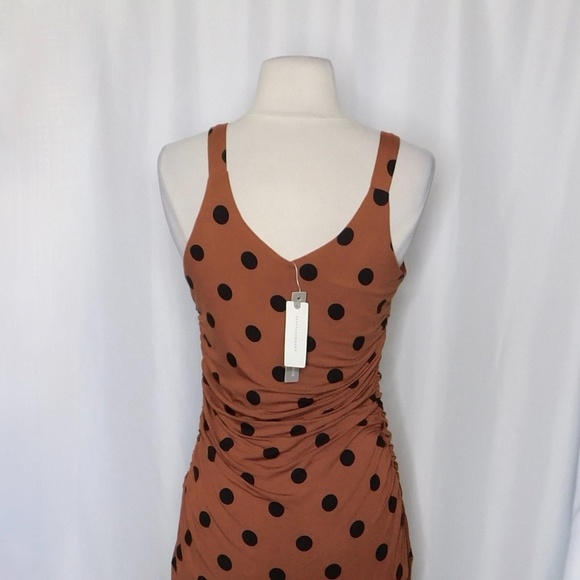 NWT!! ANTHROPOLOGIE Ruched Midi Dress Brown Black Polka Dots Party X-Small - Picture 10 of 14